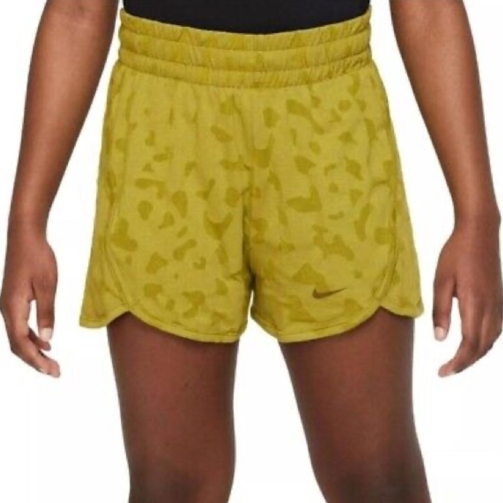 Nike Dri-Fit Breezy Girls High-Waisted Training Shorts Green Lepord Print Size S